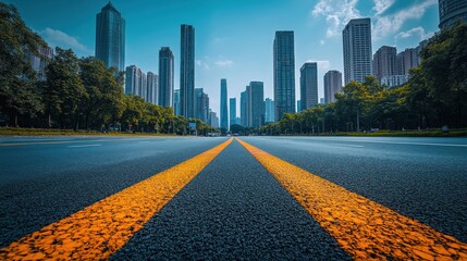 asphalt road, city skyline, urban development, summer