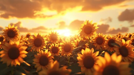 Poster - Vibrant Sunflowers Bathed in Golden Sunset Light