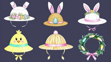 Wall Mural - Adorable Easter Hats Collection Bunny Chick Floral Egg Designs