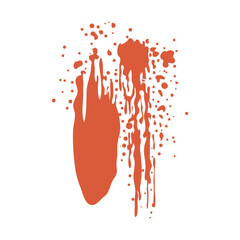 Poster - Grunge red blood splatter in flat design. Flowing blot with melting drops. Vector illustration isolated.