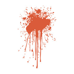 Poster - Grunge red blood splatter in flat design. Splashing blot with flowing drips. Vector illustration isolated.