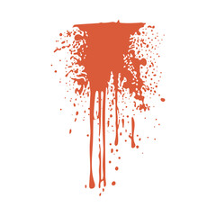 Poster - Grunge red blood splatter in flat design. Wet bleeding and pouring blot. Vector illustration isolated.