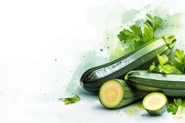 Poster - A minimalist illustration of a single zucchini with clean black lines and a soft green gradient, placed on a white background