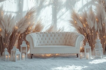 Beautiful white wedding backdrop with a sofa, pampas grass and lanterns, fairy lights, a winter wonderland, boho