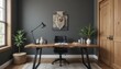 © Pavel Lysenko - A stylish home office showcases a large wooden desk and a comfortable chair, adorned with plants and decorative items, creating an inviting atmosphere for productivity