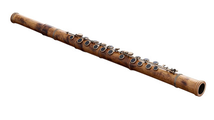 Bamboo Flute: A handcrafted bamboo flute, showcasing intricate details and natural wood grain, lies elegantly isolated against a plain background, ready to produce beautiful melodies. 