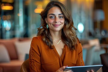 A young Caucasian woman with wavy brown hair sits confidently holding a tablet, dressed in a stylish orange blouse, in a modern, well-lit environment. female entrepreneur leader