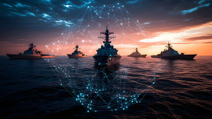 Wall Mural - a high-tech naval concept showing a digital network overlay on the ocean with warships silhouetted a