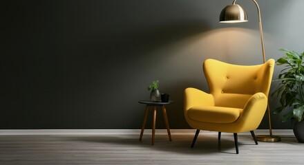 Wall Mural - Cozy yellow armchair with a stylish lamp and plant in a modern interior