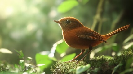 Wall Mural - A Small, Orange Bird Perched on Mossy Branch in the Sunlight