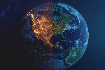 aerial view of the earth illuminated at night showcasing city lights and landmasses against a dark b