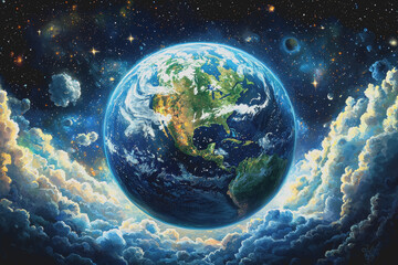 painting of the earth surrounded by clouds depicting a beautiful and serene sky with soft colors and