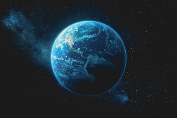 blue earth surrounded by a starry night sky with bright stars and galactic elements in a cosmic back