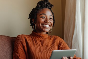 Aufkleber - Joyful Home Office Aesthetic 29-Year-Old Black Woman with Braided Hair Engaged in Virtual Teambuilding on Tablet - Modern Team Spirit and Digital Marketing Enhancement