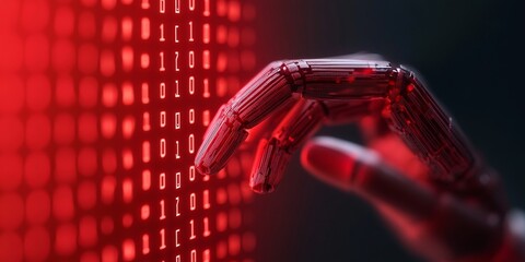 Poster - Futuristic Tech Visualization Metallic Robotic Hand with LED Binary Code Display - Cutting-Edge AI Systems and Digital Security Solutions for Innovative Business Automation
