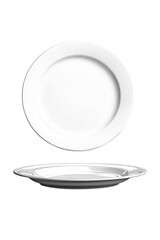 White plate with silver rim on wooden table background in natural light setting isolated on transparent background.