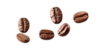 Coffee Bean Flight: Six roasted coffee beans suspended in mid-air, creating a visually dynamic and aromatic composition. This image evokes the essence of coffee, capturing the aroma, flavor.