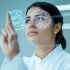 Aufkleber - Contemporary Wellness Lab South Asian Female Expert Engaging with Luminescent Health Metrics - Cutting-Edge Digital Fitness Solutions in Glass-Enclosed Natural Ambiance