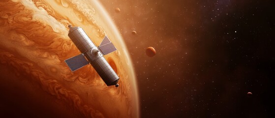Poster - Futuristic Space Probe Sleek Metallic Satellite Orbiting Jupiters Atmospheric Swirls Tech Innovation and Astrophysics for Advanced Research Visualization