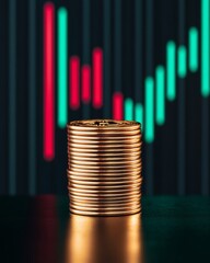 Aufkleber - Minimalist Crypto Finance Display Gold Bitcoin Coins on Reflective Surface with Market Trend Screen for Fintech Innovation and Investment Strategy