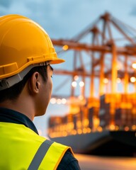 Aufkleber - Modern Maritime Industry Aesthetics Korean Dockworker, Machinery Operation and Stacked Containers - Sustainable Trade Environment and Global Logistic Solutions