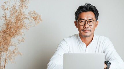 Poster - Modern Business Lifestyle Asian Male Professional in Minimalist Workspace with Laptop and Dried Botanicals - Remote Work Productivity and Digital Marketing Inspiration