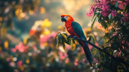 Canvas Print - Scarlet Macaw Perched on a Branch Amidst a Floral Tapestry