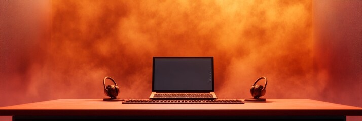 Poster - Modern Broadcasting Studio Minimalist Desk with Headphones and Laptop, Ambient Lighting - Contemporary Digital Podcast Production and Audio Innovation