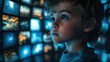 © Sergey - a child surrounded by multiple digital screens, each displaying a different image.