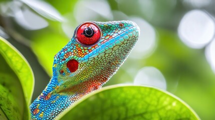 Wall Mural - Vibrant Gecko with Red Eye in Lush Green Foliage