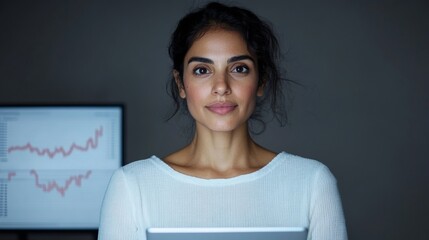 Fototapete - Financial Strategy Hub Indian Woman with Tablet in Minimalist Office - Data-Driven Stock Analysis and Wealth Planning for Modern Business Success