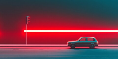 Leinwandbilder - Neon Minimalism Compact Car Under Red and Blue Light Stripes in Urban Setting - Visual Content for Emergency Response Marketing and Modern Cityscape Branding