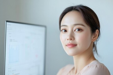 Poster - Serene Modern Office Korean Woman Analyzing Financial Automation on Desktop in Soft Natural Light - Digital Finance and Efficiency for Business Innovation