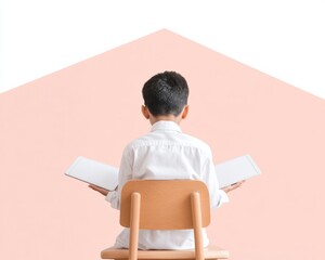 Leinwandbilder - Minimalist Digital Learning Young Student in White Engaged with Dual Tablets on Wooden Chair - Modern Education Technology and Interactive Classroom Solutions