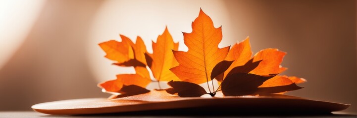 Wall Mural - Autumn leaves on a wooden surface against a light-colored wall. The leaves cast a soft shadow on the surface. A banner with space for the text.