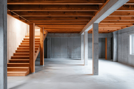 Modern open basement space with wooden stairs and concrete walls, ready for design.