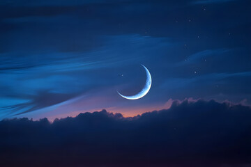 Wall Mural - a crescent moon dances with venus on a blue backdrop as night fall slowly blankets an evening sky do