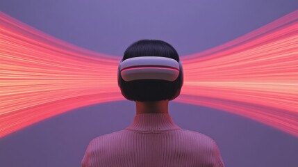Fototapete - Neon-Chic Virtual Experience Youthful Asian Woman with VR Headset - Futuristic Digital Engagement and Holographic Innovation for Interactive Media Platforms