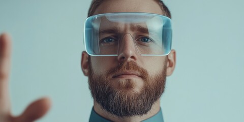 Leinwandbilder - Contemporary Tech Vision Athletic Man, 30, Engaging with Augmented Reality in Sleek Minimalist Office - Digital Innovation for Business Evolution and Virtual Collaboration