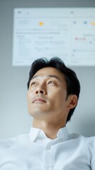 Aufkleber - Digital Procurement Transparency Korean Businessman Analyzing Government Contracts on Interactive Screen - Tech-Driven Solutions for Modern Commercial Efficiency