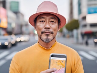 Aufkleber - Urban Digital Navigation Korean Man with Smartphone Map App at City Intersection - Modern Travel Tech for Traffic Insight and Efficient Urban Mobility Solutions