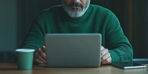Poster - Contemporary Remote Investing Bearded Man in Green Sweater at Minimalist Workspace with Laptop - Modern Financial Growth and Digital Nomad Productivity
