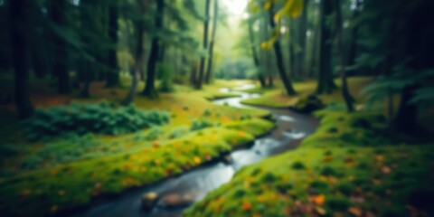 Sticker - Blurred forest with a winding stream running through it, peaceful, serene