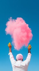 Poster - Vibrant South Asian Celebration Colorful Powder Explosion Over Clear Blue Sky - Joyful Expression and Festive Marketing Content for Cultural Events and Diversity Campaigns