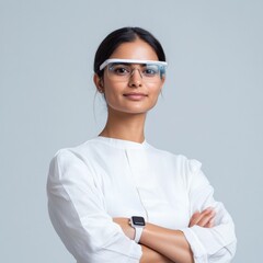 Fototapete - Futuristic Wellness Technology South Asian Female Specialist with Smart Glasses and Fitness Tracker in Minimalist Clinical Space - Advanced Health Tech for Modern Wellness Solutions