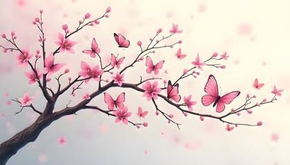 some pink butterflies flying randomly on a branch of a weathered tree, a luxurious lifestyle backgro