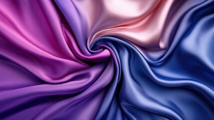 elegant swirl of purple, pink and blue silk fabric creating wave-like pattern. luxury textile texture. fashion design, background. vibrant colors in smooth composition.