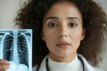 Poster - Tech-Infused Healthcare Visualization Middle Eastern Female Doctor Examining Lung X-Ray in Modern Office - Cutting-Edge Medical Expertise and Pulmonary Health Solutions