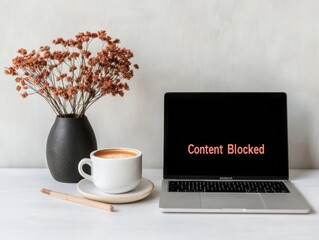 Aufkleber - Minimalist Digital Workspace Monochrome Desk with Laptop and Content Blocked Message - Empowering Tech Activism and Online Privacy Awareness in Modern Remote Work