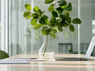 Poster - Biophilic Office Design Glass-Walled Workspace with Foliage and Natural Light for Modern Business Meetings and Sustainable Corporate Aesthetics